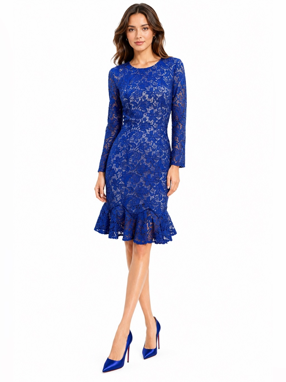 ML Monique Lhuillier Lace Long Sleeve Ruffled Dress Size 6 Navy Blue NWT